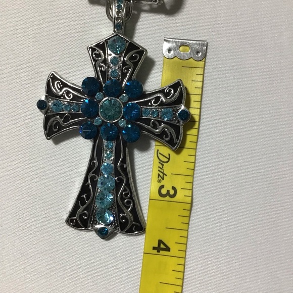 Silver and Blue Chunky Style Rhinestone Cross Pendant - Picture 6 of 7